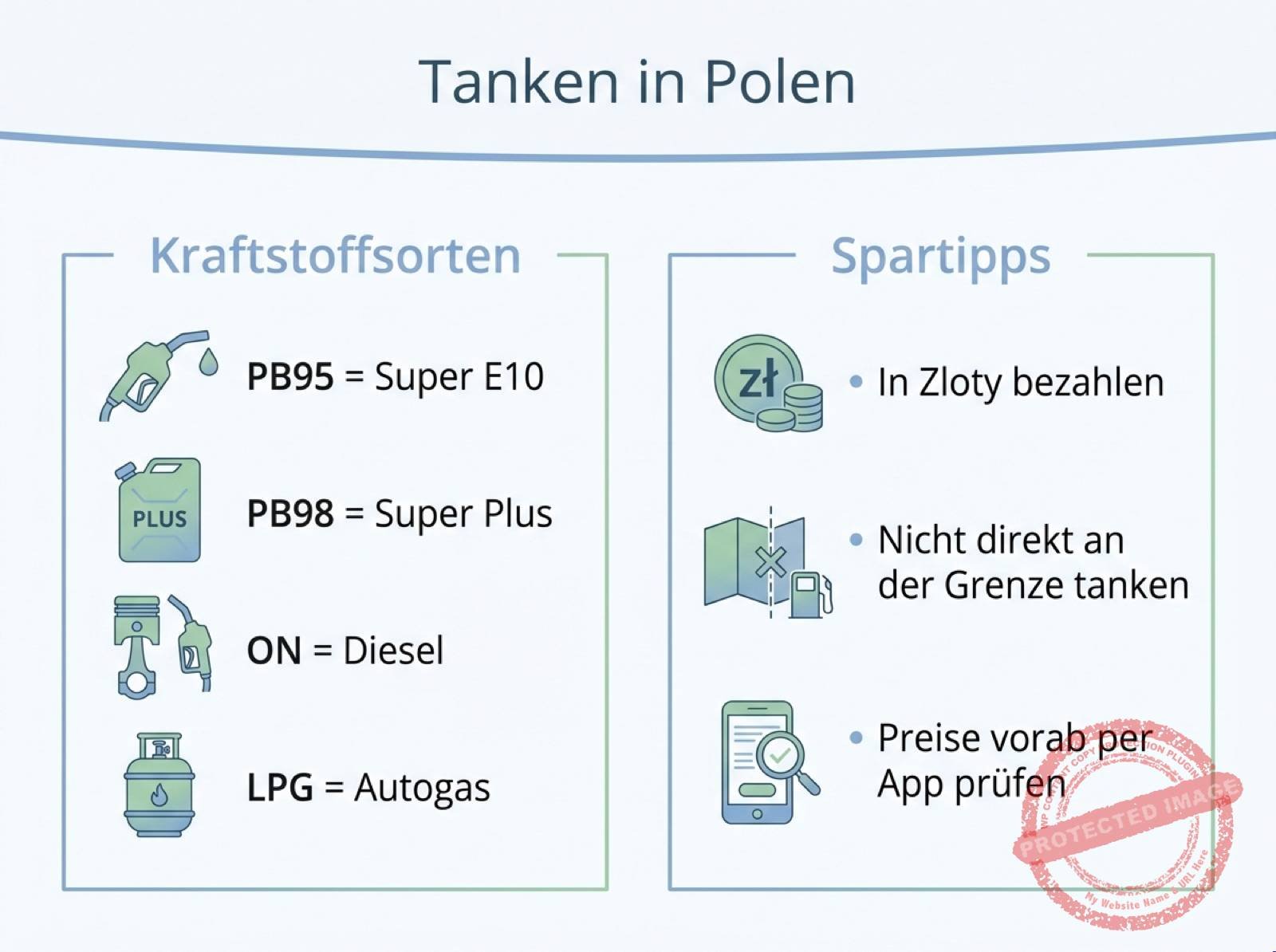 Infografik zu Kraftstoffsorten und Spartipps beim Tanken in Polen